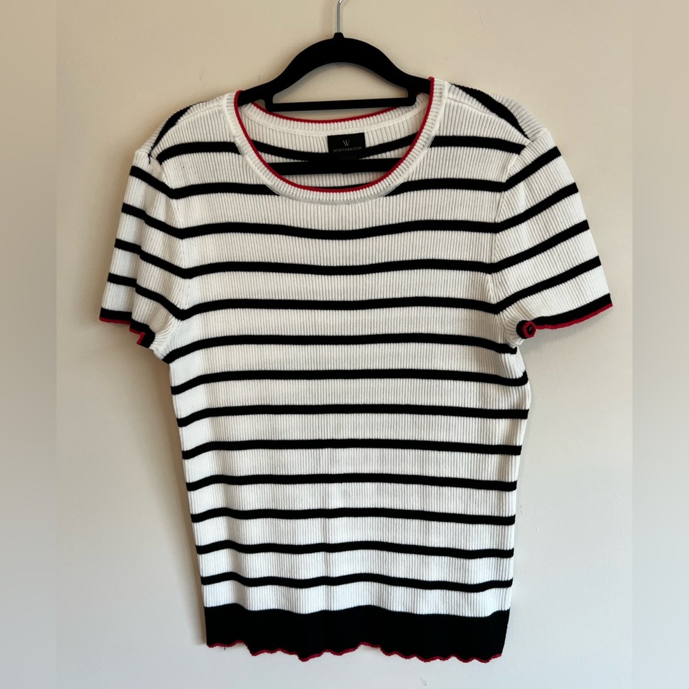 Worthington round neck short sleeve cotton poor boy sweater black white striped